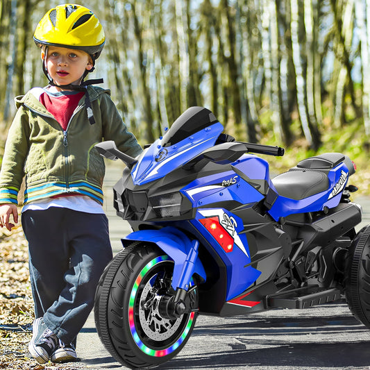 Techvida 12V Kids Motorcycle, Battery Powered Electric Vehicle with 3 Wheels, LED Lights, Foot Pedal, Ride On Motorcycle for Boys Girls (Blue)