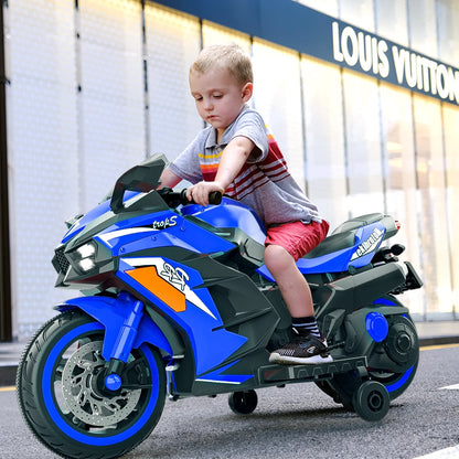Techvida 12V Ride on Motorcyle for Kids Battery Powered 2 Wheels Kids Motorcycle for Child with Training Wheels (Blue)