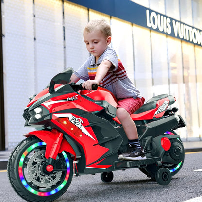 Techvida 12V Kids Electric Motorcycle for Child, Motorcyle for Kids with Bluetooth, LED Lights (Red)