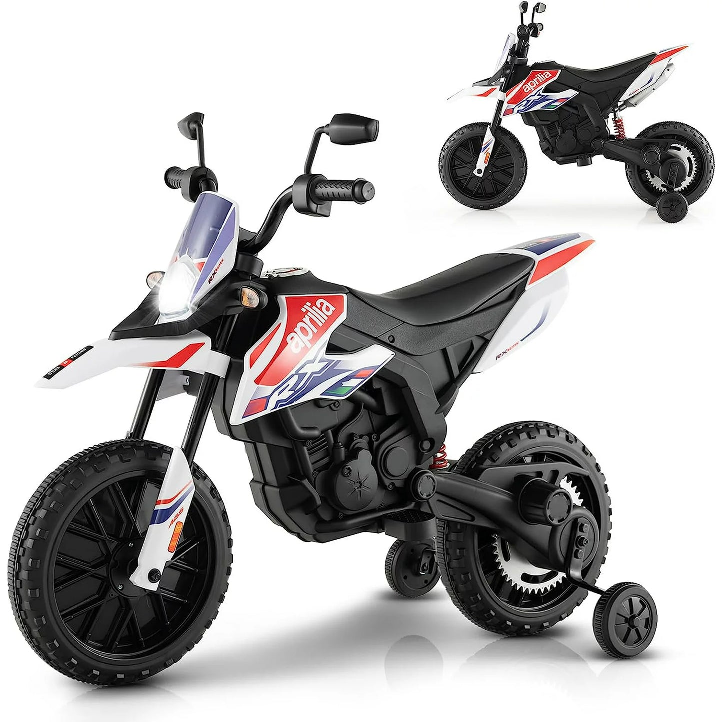 Techvida Kids Motorcycle,12V Aprilia Licensed Battery Powered Electric Vehicle Dirt Bike w/Training Wheels,Headlight & Music,Spring Suspension,Ride on Motorcycle,Gift for Boys Girls,White