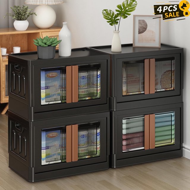 Techvida 19 gal Folding Storage Box, Stackable Plastic Closet Organizer, Double Doors File Cabinet Trunk Organizer Toy Storage Box, 4 Pack