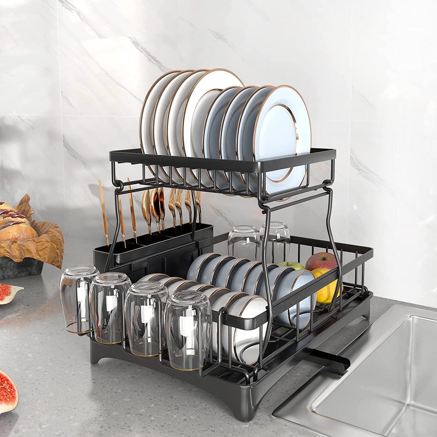 Techvida 2-Tier Drying Dish Rack and Drain Board Set Metal Black