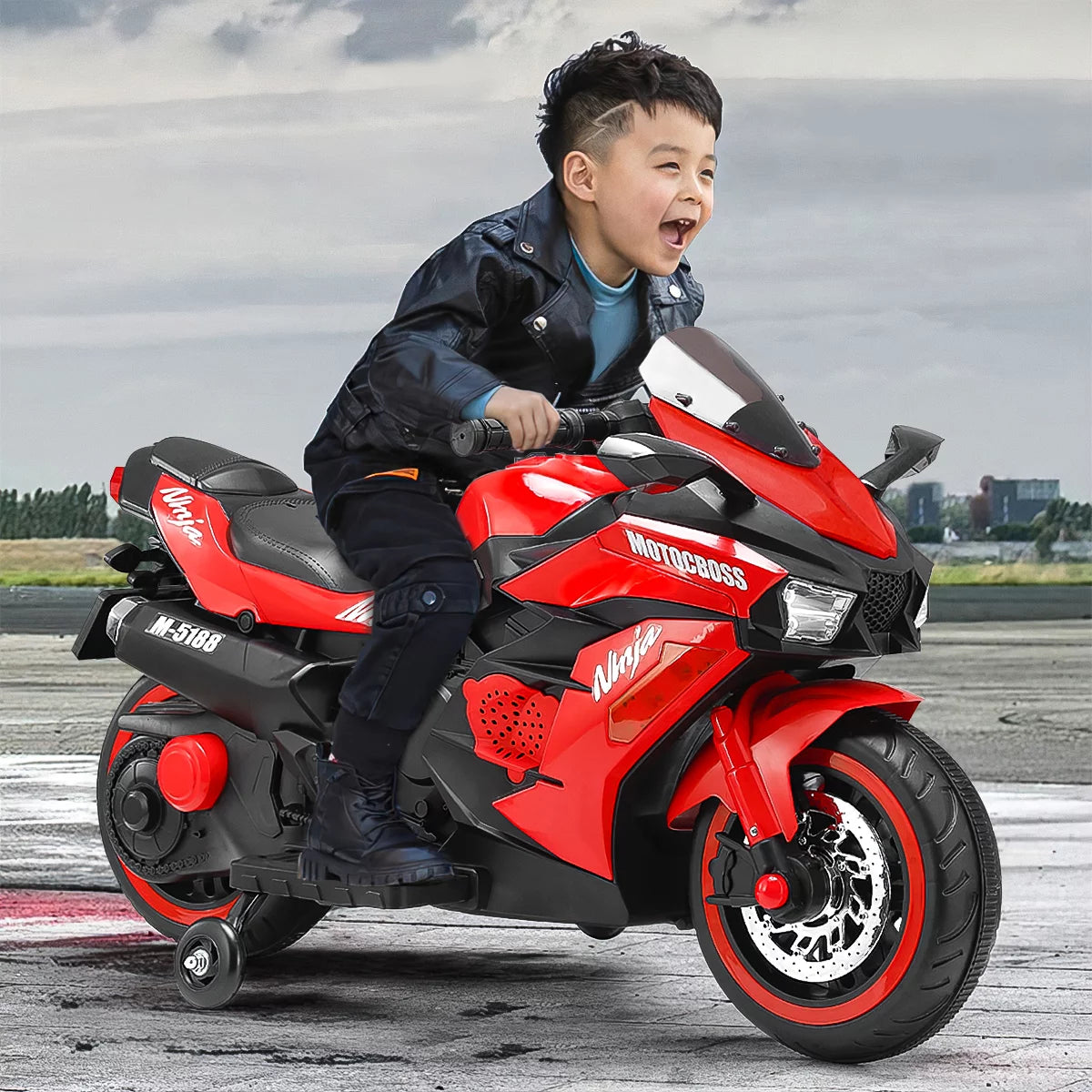 Techvida Electric Motorcycle for Kids, 12V Ride on Motorcycle with Hand Racing /Foot Brake/Light Wheel/PU seat , LED Lights and Music
