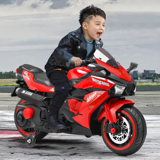 Techvida Electric Motorcycle for Kids, 12V Ride on Motorcycle with Hand Racing /Foot Brake/Light Wheel/PU seat , LED Lights and Music