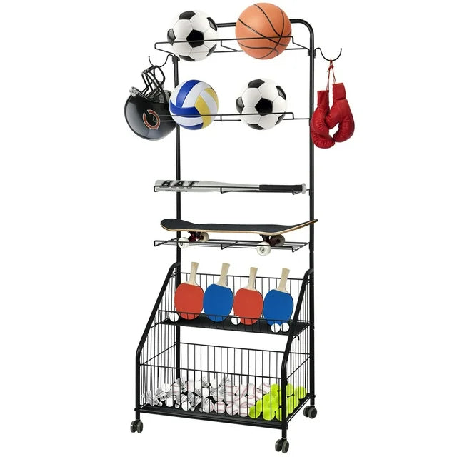 Techvida Garage Sports Equipment Organizer Ball Storage Rack with Baskets and Hooks, Teen