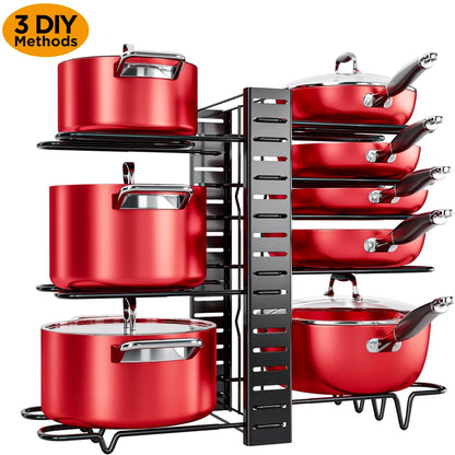 Techvida Pot Rack Organizer, 8-Tier Kitchen Pot and Pan Organizer with 4 Hooks, Adjustable Pot Organizer for Cabinet,Pot Pan Rack under Sink Organizers and Storage
