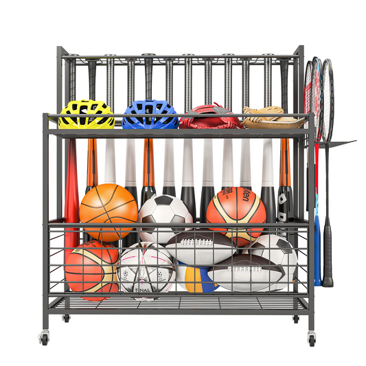 Techvida Sports Equipment Storage, Garage Sports Organizer, Baseball Bat Holder Holds 24 Bats Rolling Ball Cart with Wheels, Black