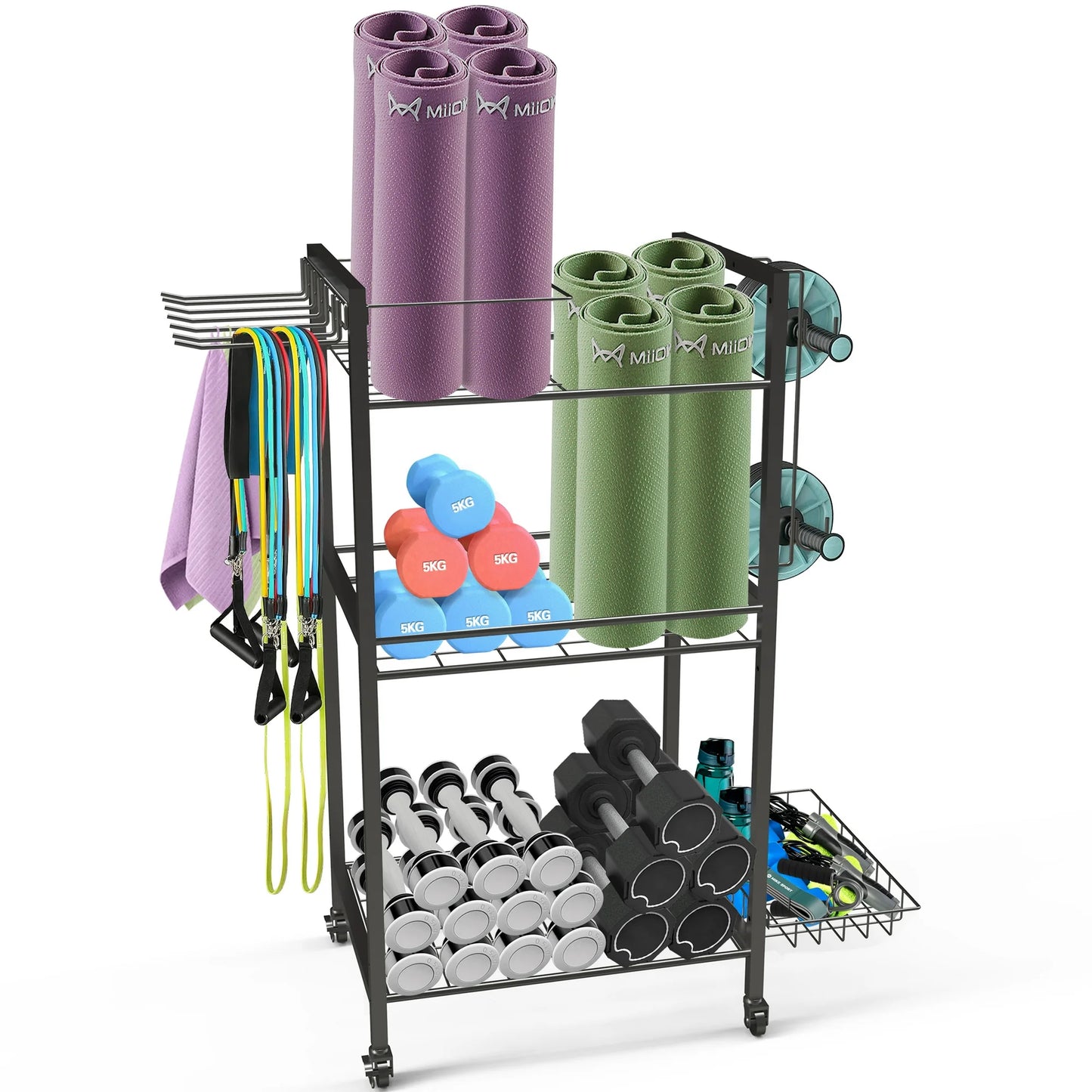Techvida Yoga Mat Storage, Gym Equipment Storage, Cart for Organizing Workout Room, Home Gym Storage with Hooks and Wheels