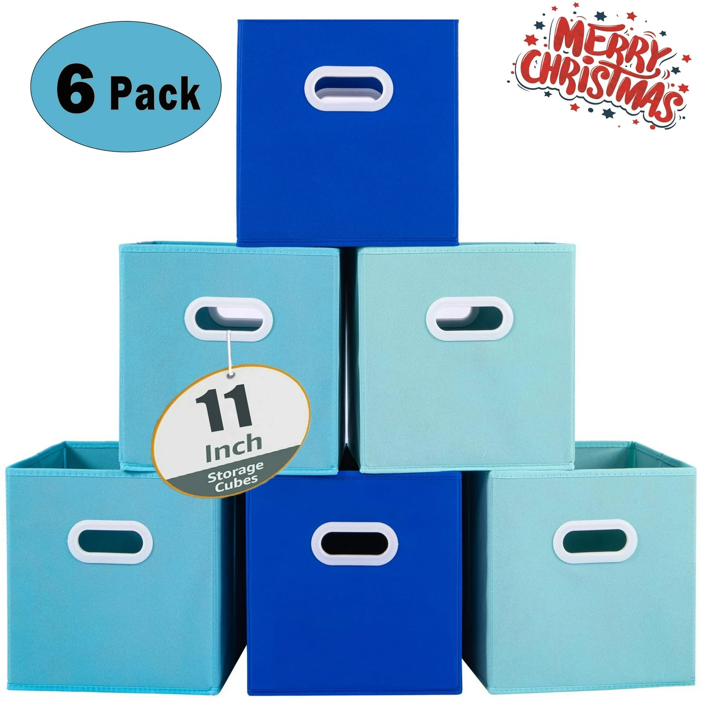 WERSEON 11 Inch Fabric Collapsible Storage Cubes, Set of 6 Foldable Storage Bins with Metal Handles, Cube Baskets for Organizing Clothes, Toys, Books, Blue