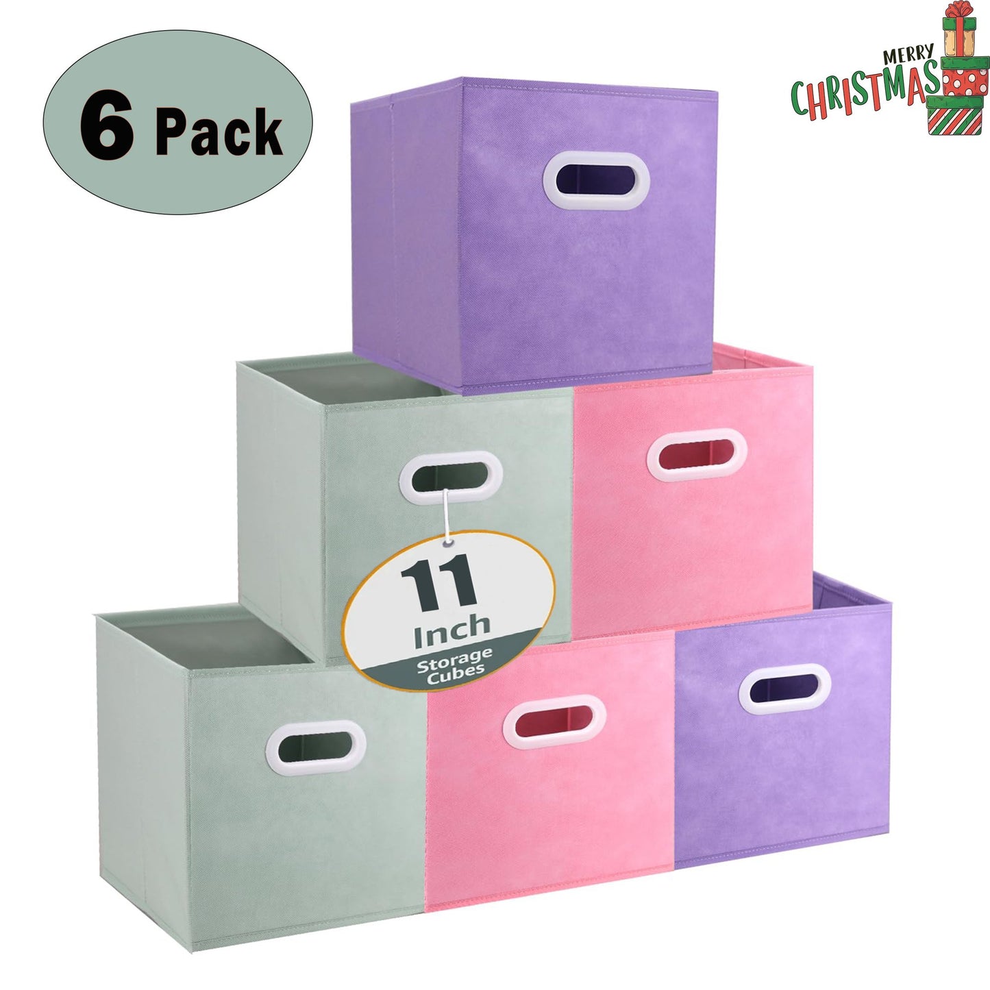 WERSEON 11 Inch Fabric Collapsible Storage Cubes, Set of 6 Foldable Storage Bins with Metal Handles, Cube Baskets for Organizing Clothes, Toys, Books, Gray+Pink+Purple