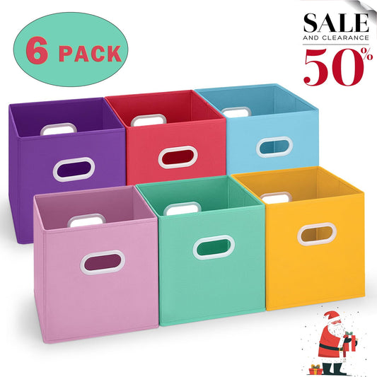 WERSEON 11 Inch Fabric Collapsible Storage Cubes, Set of 6 Foldable Storage Bins with Metal Handles, Cube Baskets for Organizing Clothes, Toys, Books, Multi-color