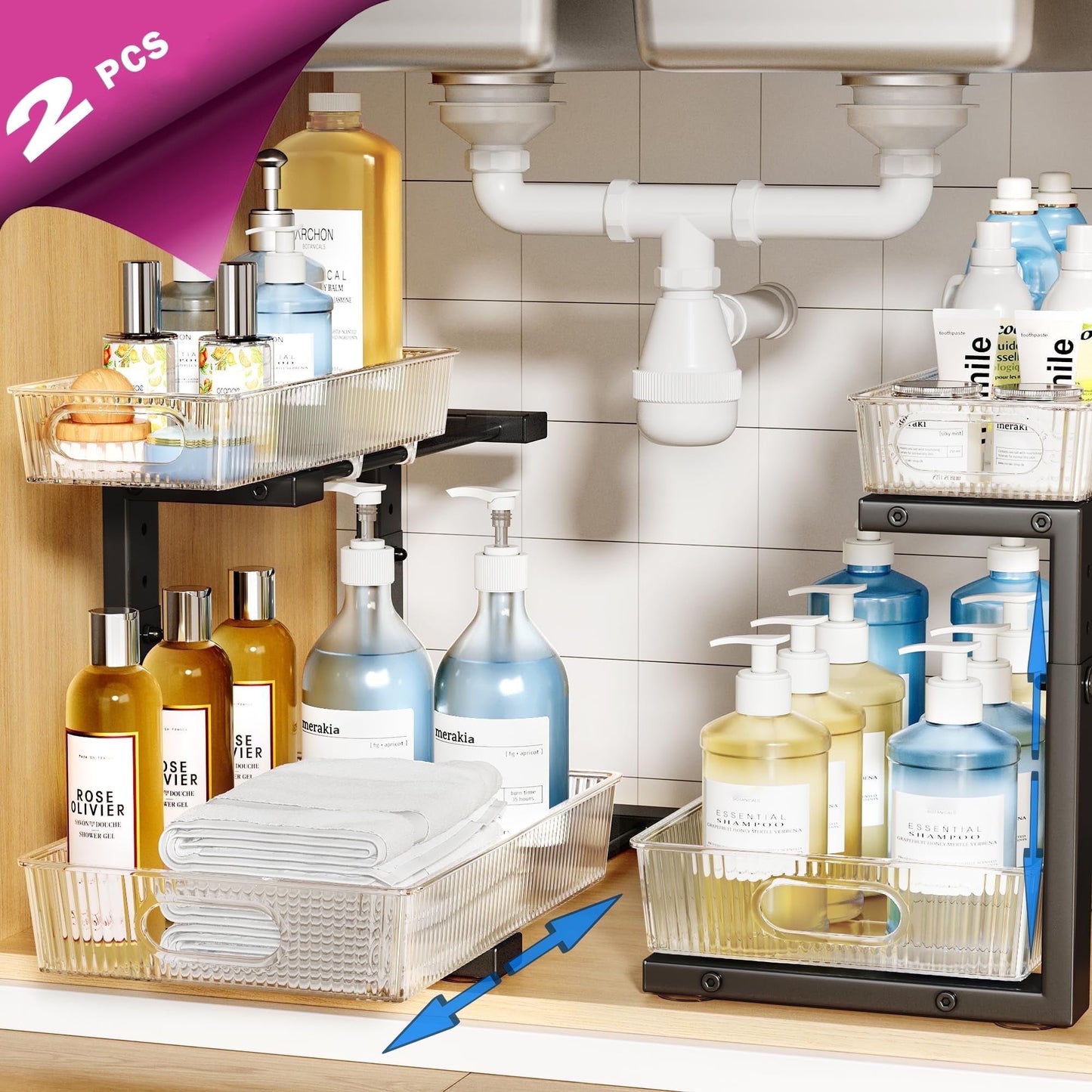 WERSEON 2 Pack Acrylic Under Sink Organizer, 2-Tier Pull Out Bathroom Storage Organizer, Adjuatable Storage Shelf for Pantry Kitchen