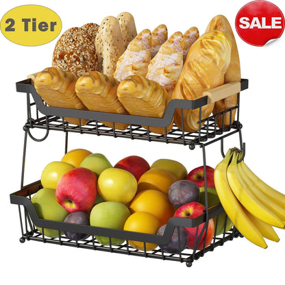 WERSEON 2 Tier Fruit Basket with Hooks for Kitchen Countertop, Detachable Metal Fruit Vegetable Storage Basket Stand Holder with Wooden Handle