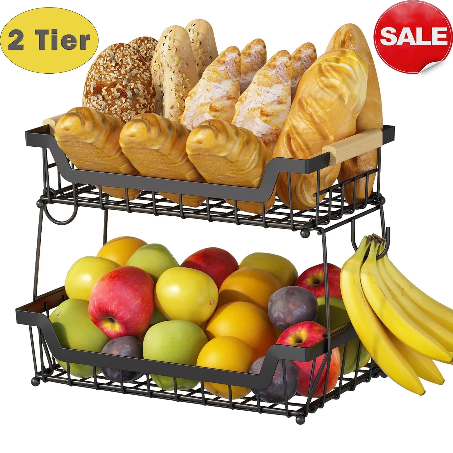 WERSEON 2 Tier Fruit Basket with Hooks for Kitchen Countertop, Detachable Metal Fruit Vegetable Storage Basket Stand Holder with Wooden Handle