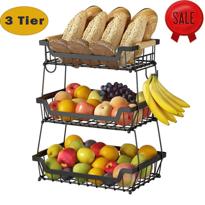 WERSEON 3 Tier Countertop Fruit Basket, Fruit Bowls with 2 Hangers for Kitchen, Detachable Metal Organizer Basket for Bread Vegetable Fruits with Wooden Handle