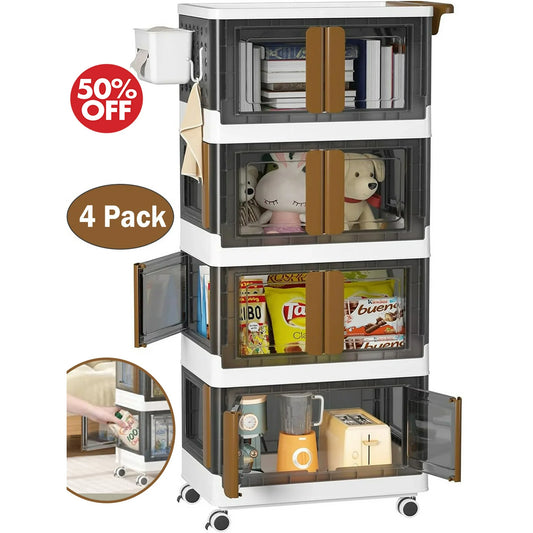 WERSEON 4 Pack Collapsible Storage Bins w/ Lids 130QT Stackable Storage Containers w/ Doors Wheels Handle
