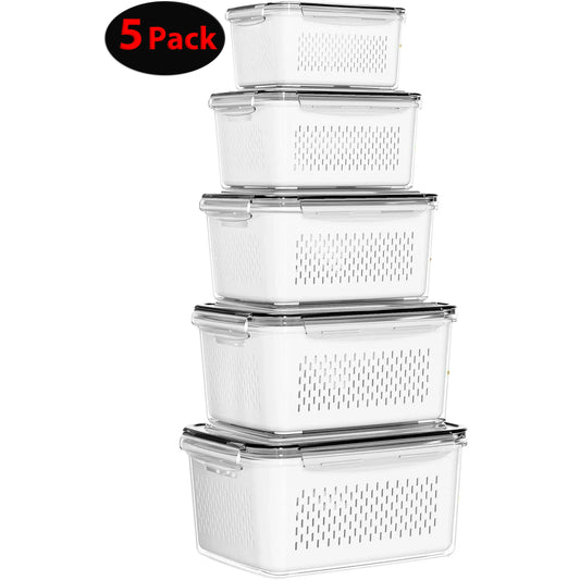 WERSEON 5 Pack Airtight Food Storage Containers for Fridge, 16L Pantry Kitchen Storage Containers with Lids, Freezer Safe Fruit Containers with Draining Basket