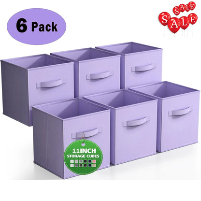 WERSEON 6 Pcs Collapsible Cube Storage Bins, 11" Foldable Fabric Storage Cubes with Handle for Organizing Clothes, Toys-Purple