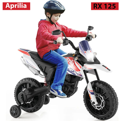 WERSEON Kids Motorcycle 12V, Licensed Aprilia RX125 Electric Ride on Motorbike for Toddlers with Training Wheels, Spring Suspension, Headlight, Music, Children Ages 3-6