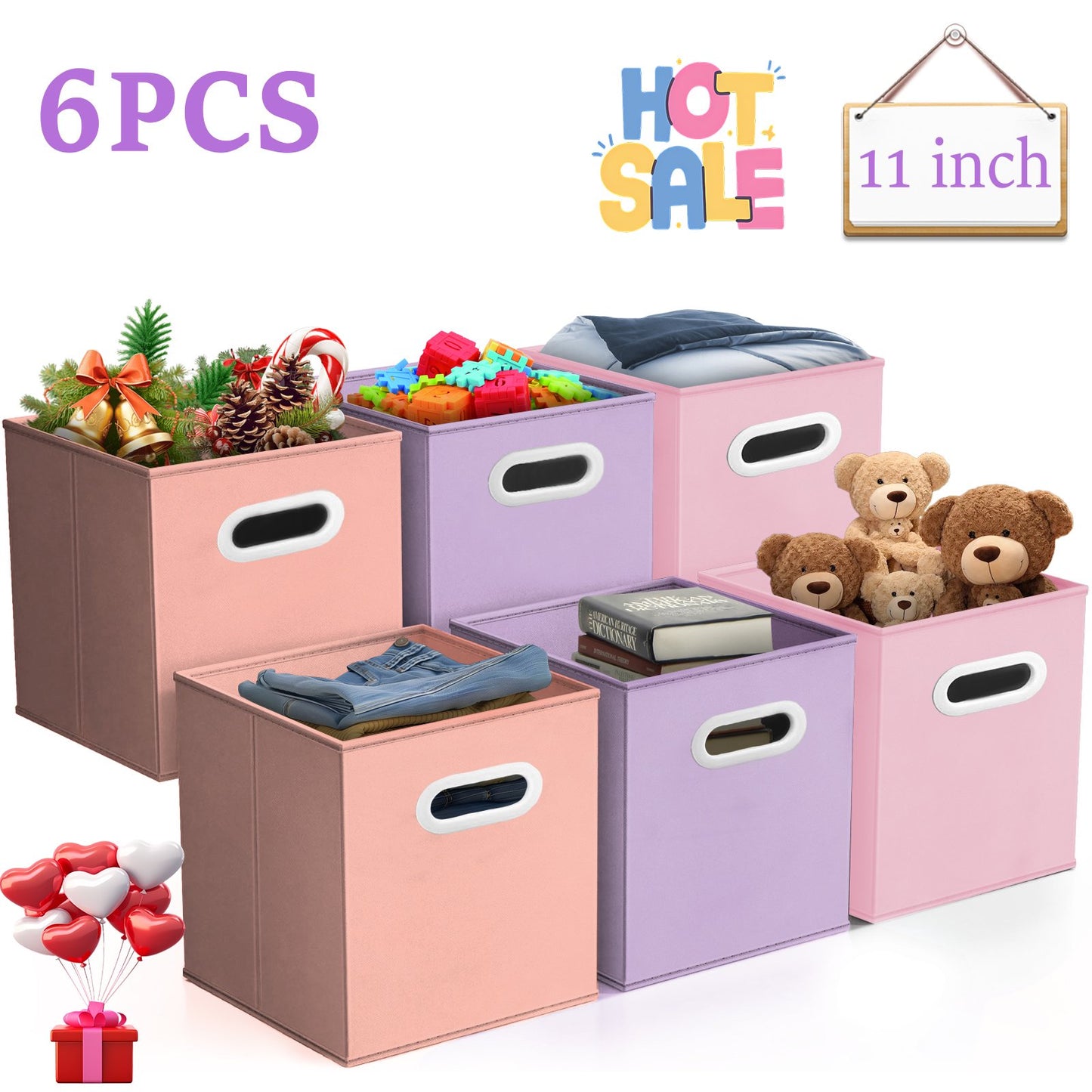 WERSEON Set of 6 Foldable Storage Bins, 11 Inch Fabric Collapsible Storage Cubes with Dual Handles, Cube Baskets for Organizing Clothes, Toys, Books, Pink + Purple