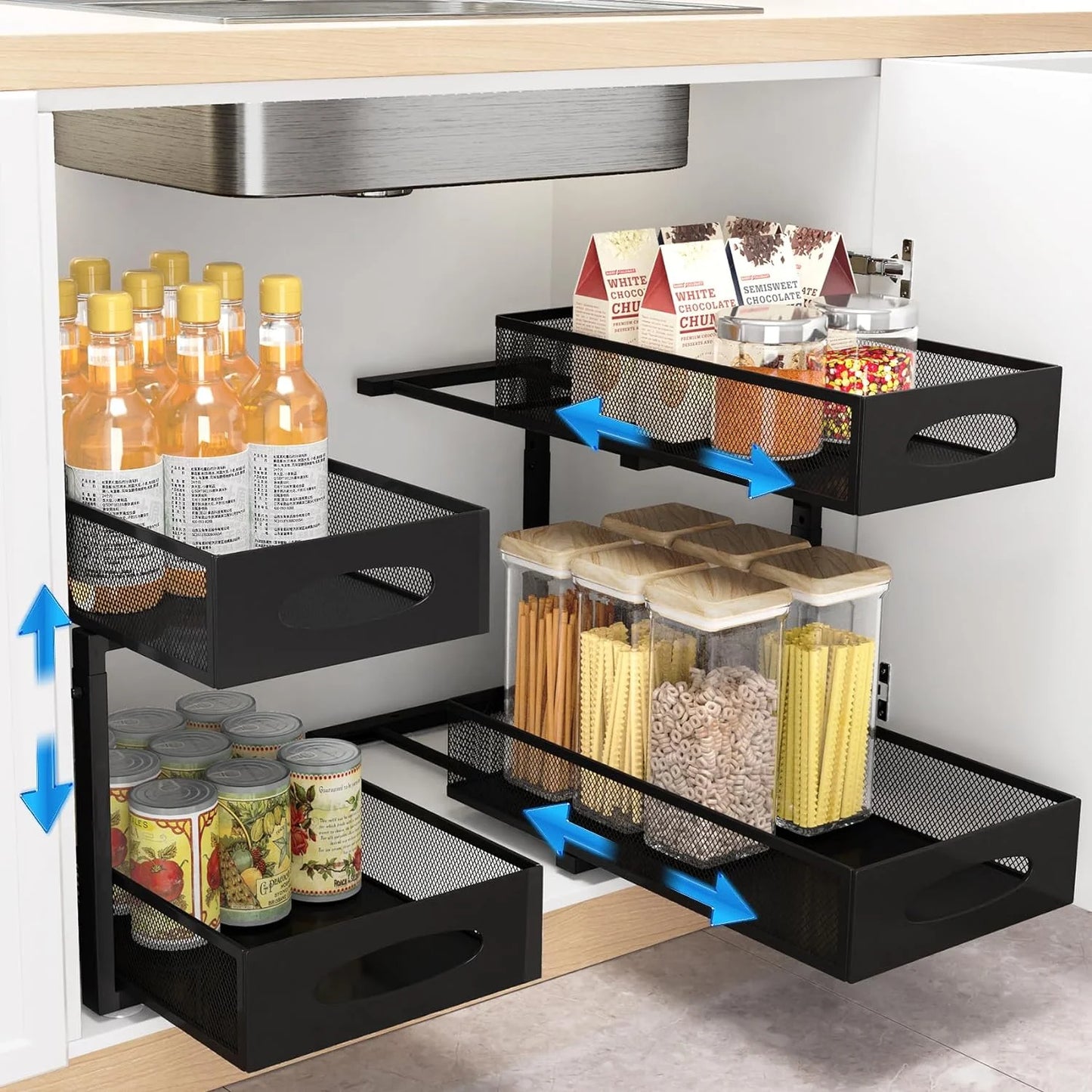 WERSEON Under Sink Organizer, 2 Tier Stainless Steel Pull out Cabinet Organizer Baskets with Mesh Sliding Drawers, Slide out Storage Shelf for Kitchen, Bathroom, Countertop