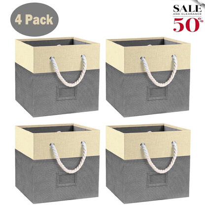 Werseon Foldable Storage Bins, 4 Piece Set Closet Drawers Organizer with Cotton Handles, Cloth Cube Basket for Organizing Shelf Cabinet Bookcase Boxes, Gray