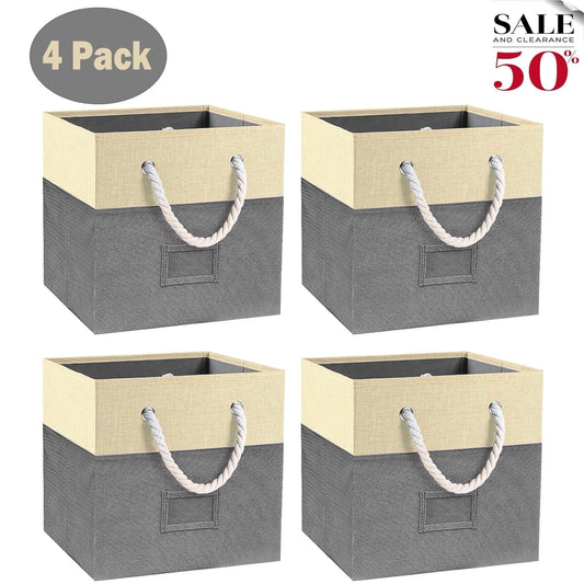 Werseon Foldable Storage Bins, 4 Piece Set Closet Drawers Organizer with Cotton Handles, Cloth Cube Basket for Organizing Shelf Cabinet Bookcase Boxes, Gray