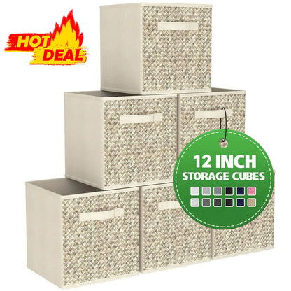 Werseon 12 Inch Storage Cubes with Handle, Set of 6,Foldable Cube Storage Bins, Fabric Storage Boxes for Organizing Closet Bins-Beige