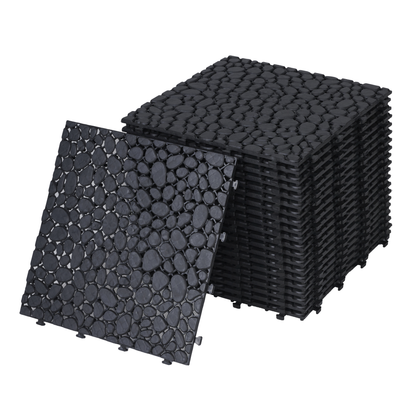 Werseon 12" x 12" Interlocking Deck Tiles, 12 PCS Plastic Waterproof Drainage Tiles Mats for Bathroom Porch Balcony Backyard, Weight Capacity Upto 440 LBS, Pebble Stone Pattern, Black