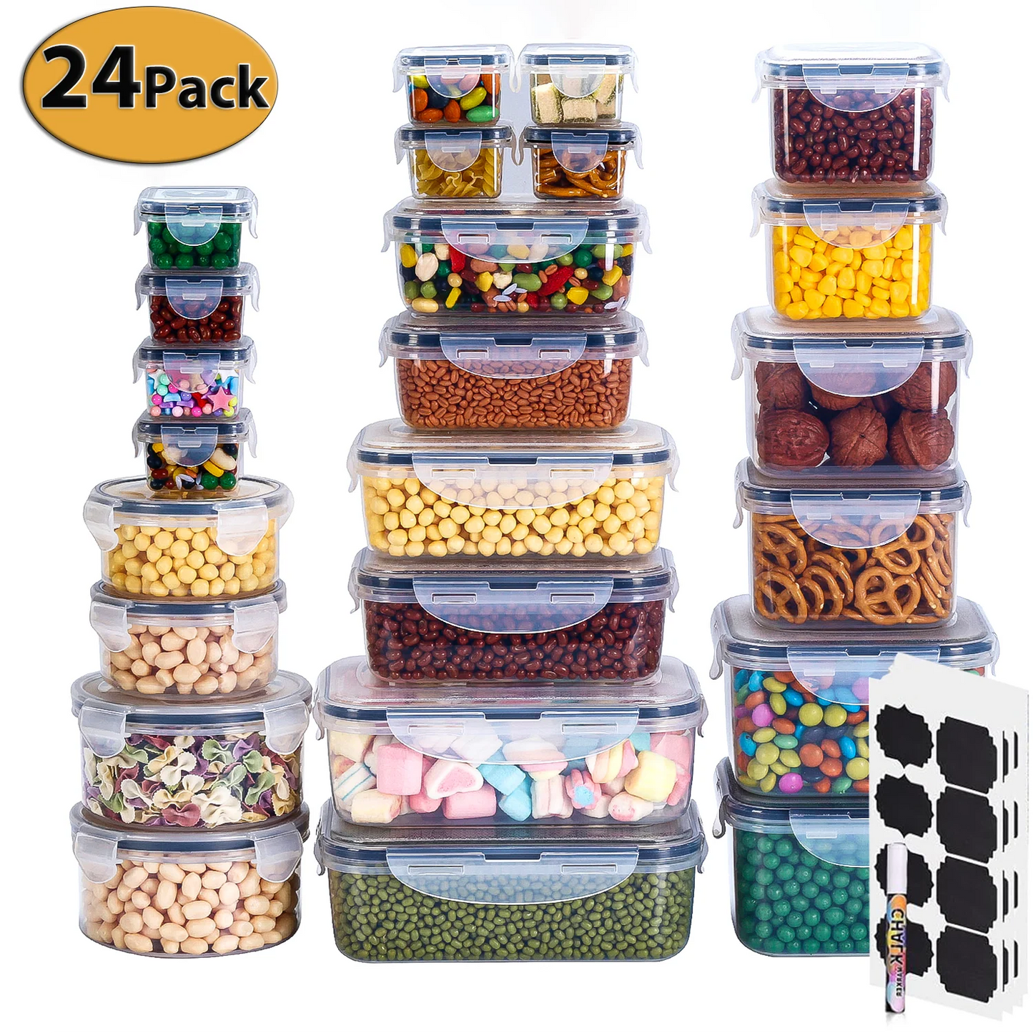Werseon 24 Pack Airtight Food Storage Containers Set with Lids, Plastic Leak-proof Canisters for Cereal Flour Sugar,BPA Free Leak Proof Plastic Lunch Boxes(Labels & Marker)