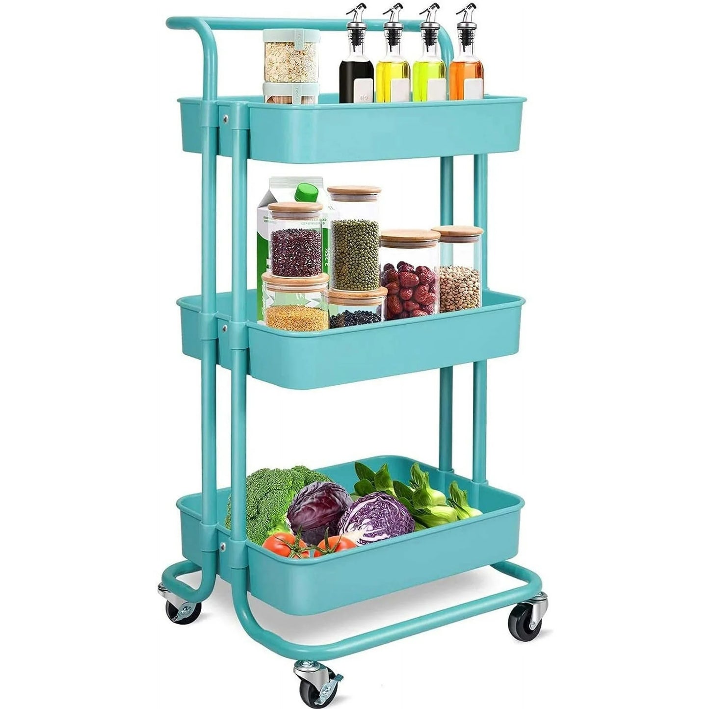 Werseon 3 Tier Mesh Utility Cart, Rolling Metal Organization Cart with Handle and Lockable Wheels, Multifunctional Storage Shelves for Kitchen Living Room Office