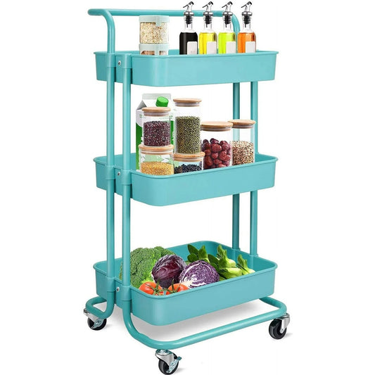 Werseon 3 Tier Mesh Utility Cart, Rolling Metal Organization Cart with Handle and Lockable Wheels, Multifunctional Storage Shelves for Kitchen Living Room Office