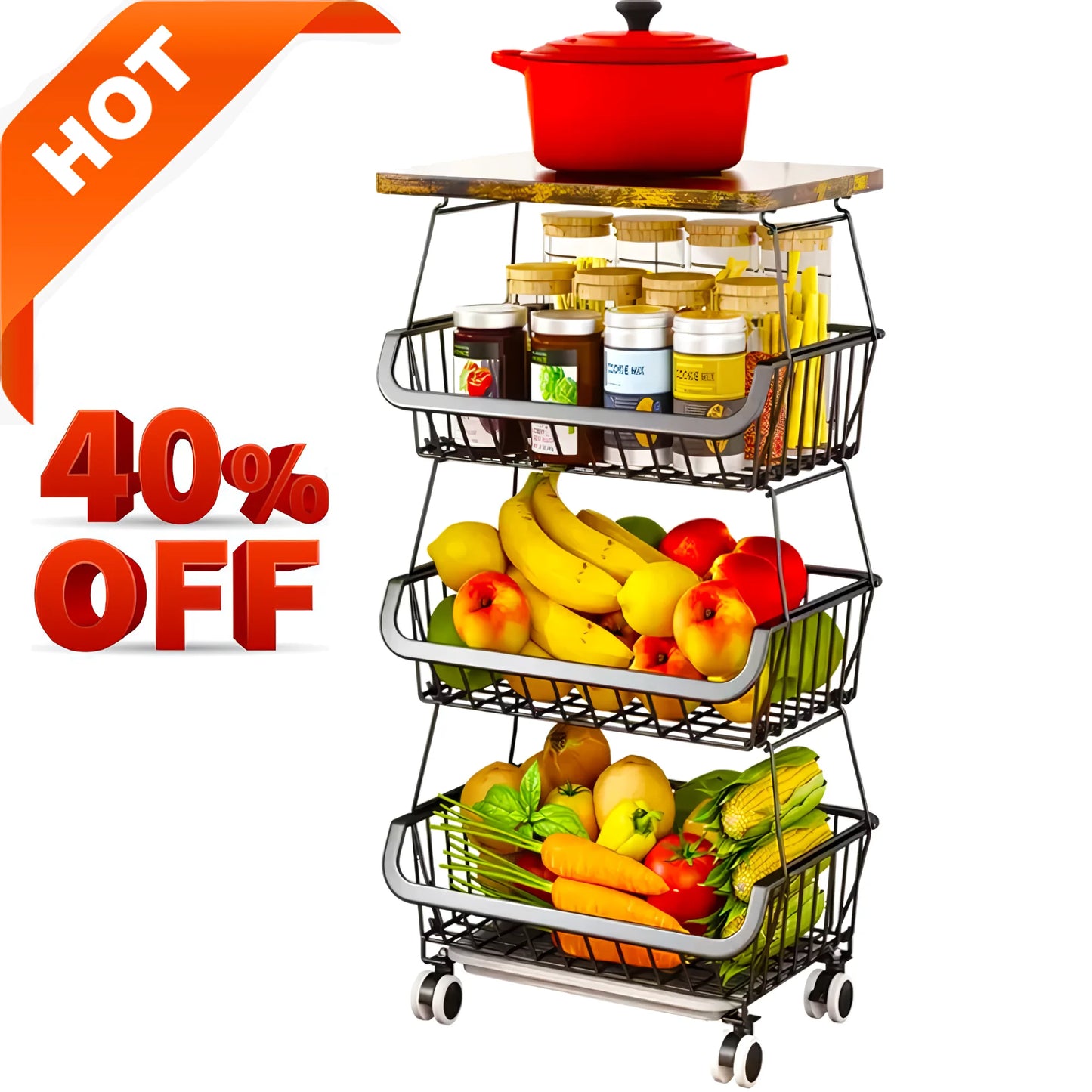 Werseon 4 Tier Fruit Storage Basket, Fruit Vegetable Cart with Solid Wood, Kitchen Storage Rack with Rollers for Pantry