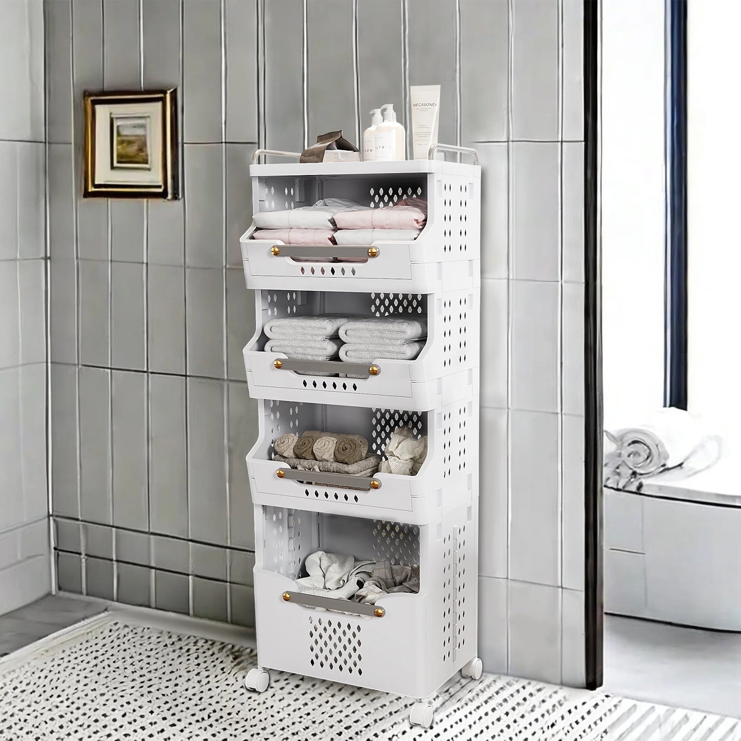 Werseon 4-Tier Rolling Utility Cart w/ Wheels, Mobile Storage Cart w/ Push Handle and Baskets, Large Capacity Kitchen Cart Organizer for Bathroom Bedroom Laundry Room