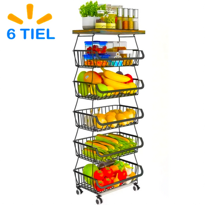 Werseon 6-Tier Fruit Basket Rack, Stackable Wire Basket Cart with Solid Wood, Kitchen Vegetable Storage&Organization