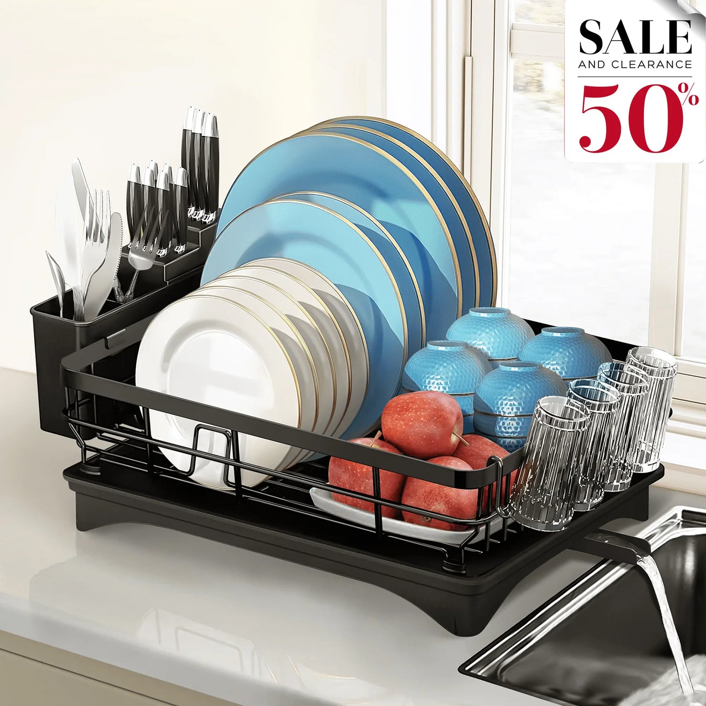 Werseon Dish Drying Rack, Stainless Steel Dish Rack for Sink, Large Dish Rack with Drainboard,Rustproof Dish Drainer with Utensil Holder for Kitchen,Black