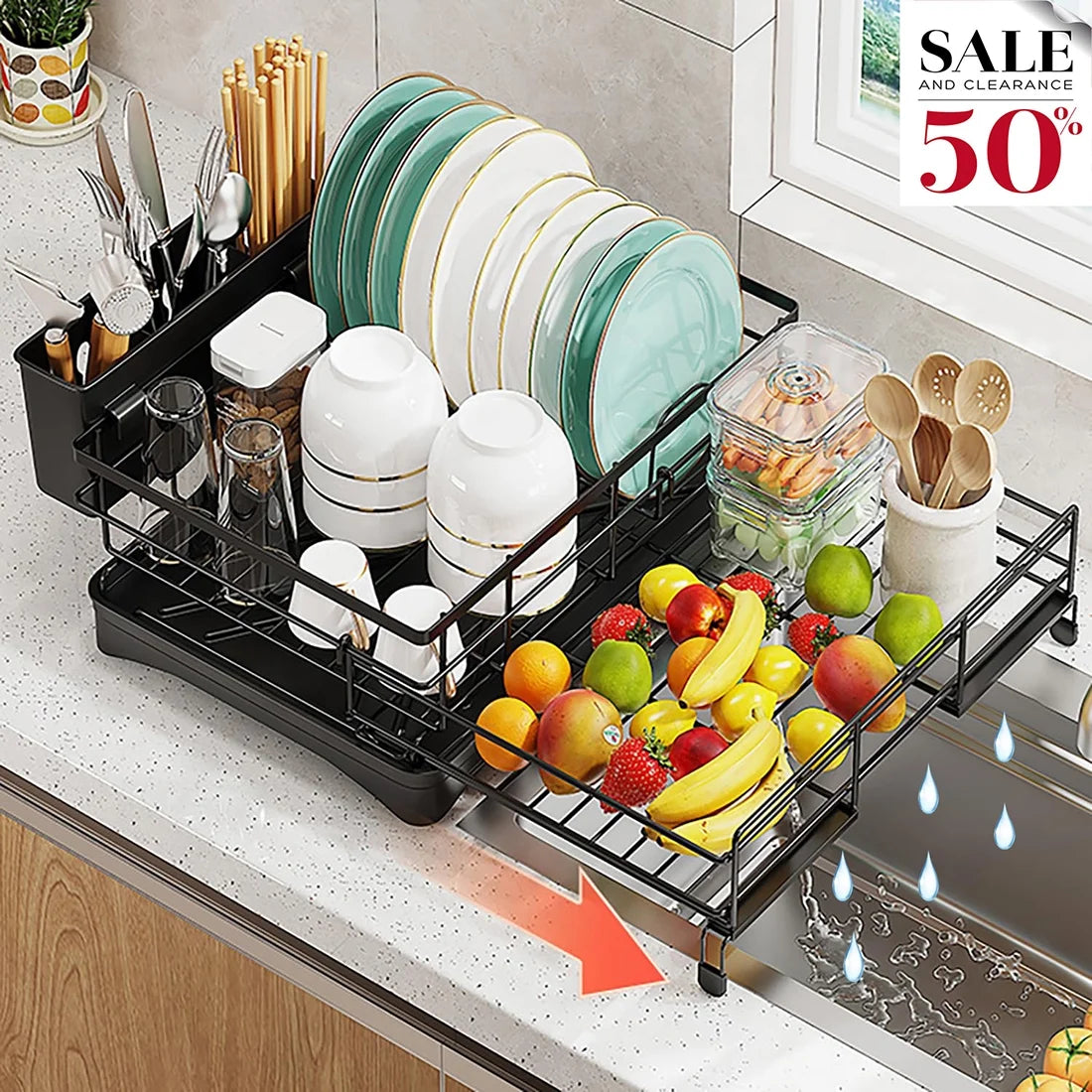 Werseon Expandable Dish Drying Rack, Large Dish Rack for Kitchen Counter, Stainless Steel Dish Drainer with Drainboard, Rustproof Over Sink Drying Rack with Utensil Holder, Black