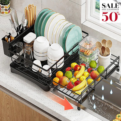 Werseon Expandable Dish Drying Rack, Large Dish Rack for Kitchen Counter, Stainless Steel Dish Drainer with Drainboard, Rustproof Over Sink Drying Rack with Utensil Holder, Black