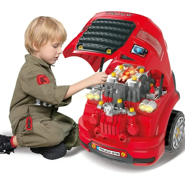 Werseon Kids Truck Toy Set for 2-6 Years Old, 61 Pieces Educational Car Service Station Playset, Engine Disassembly Play Workshop, Red