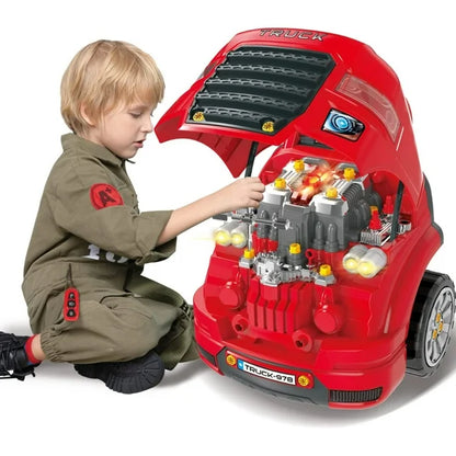Werseon Kids Truck Toy Set for 2-6 Years Old, 61 Pieces Educational Car Service Station Playset, Engine Disassembly Play Workshop, Red