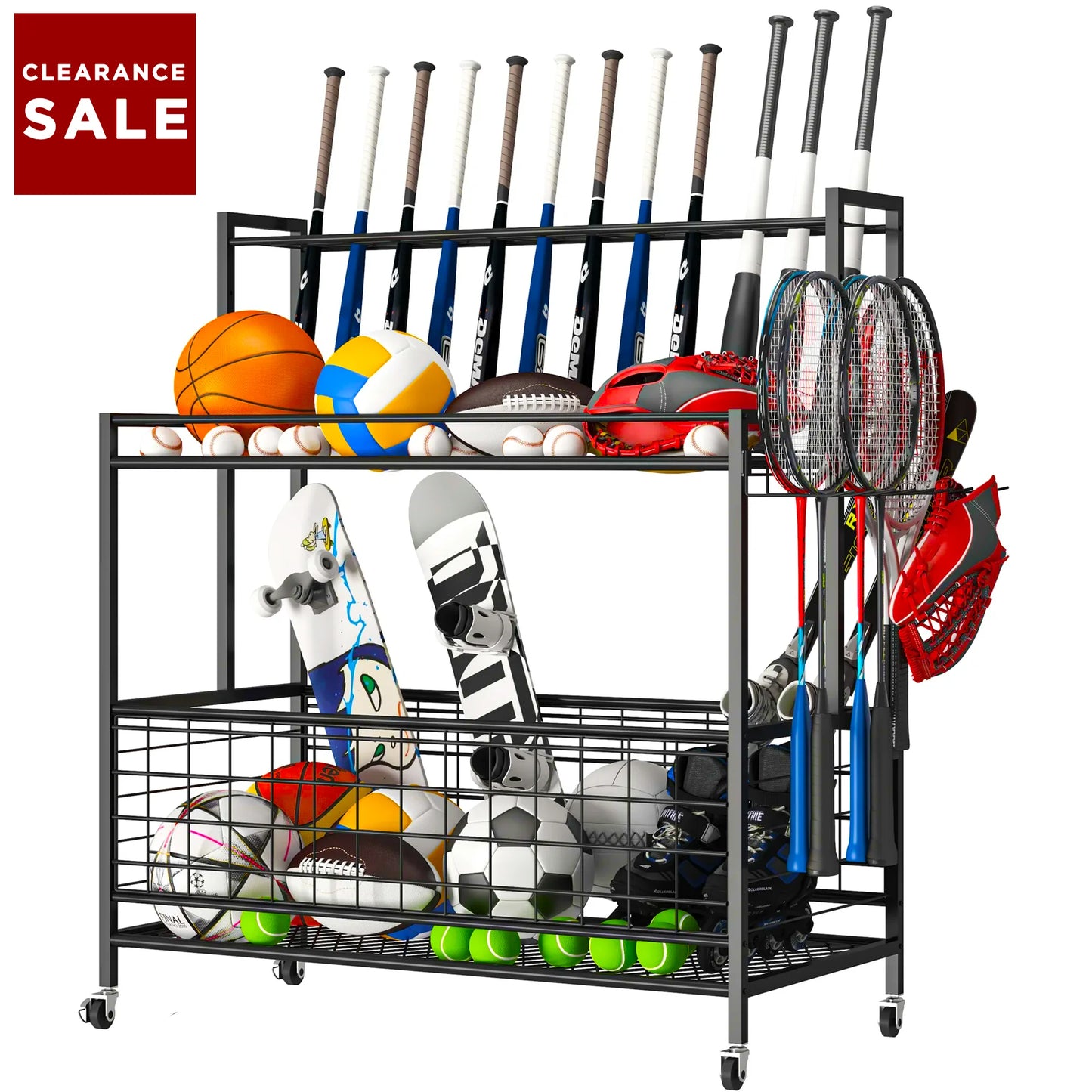 Werseon Sports Equipment Organizer Clearance,Garage Storage Rack with Baskets and Hooks,Organizer Cart for Garage