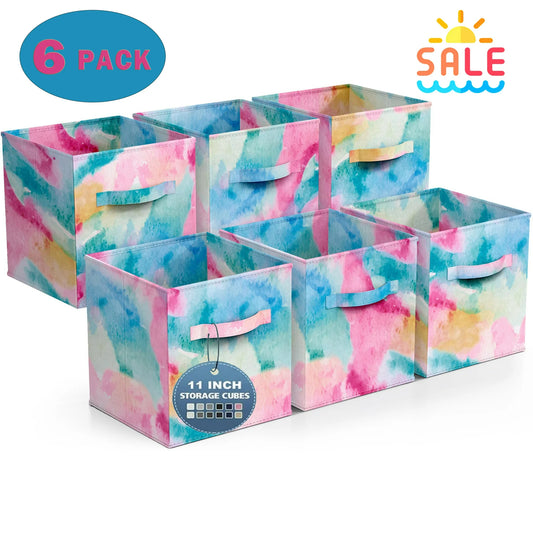 Werseon Colorful Cube Storage Bins, Set of 6 Foldable Collapsible Storage Box with Handles, 11" Fabric Storage Cubes Organizers for Shelves, Blue