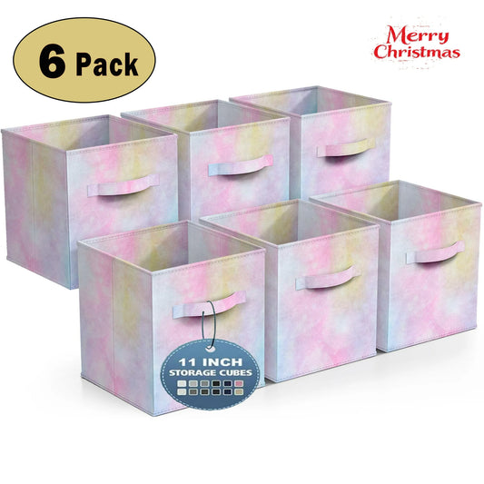 Werseon Colorful Cube Storage Bins, Set of 6 Foldable Collapsible Storage Box with Handles, 11" Fabric Storage Cubes Organizers for Shelves, Pink