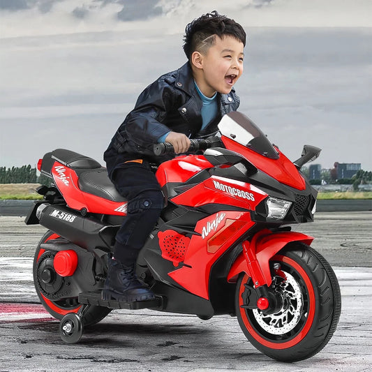 YOMYM 12V Ride on Motorcycle for Kids, Battery Powered 2 Wheels Motorcycle Toy with Bluetooth, Music, Light-Red⭐⭐⭐