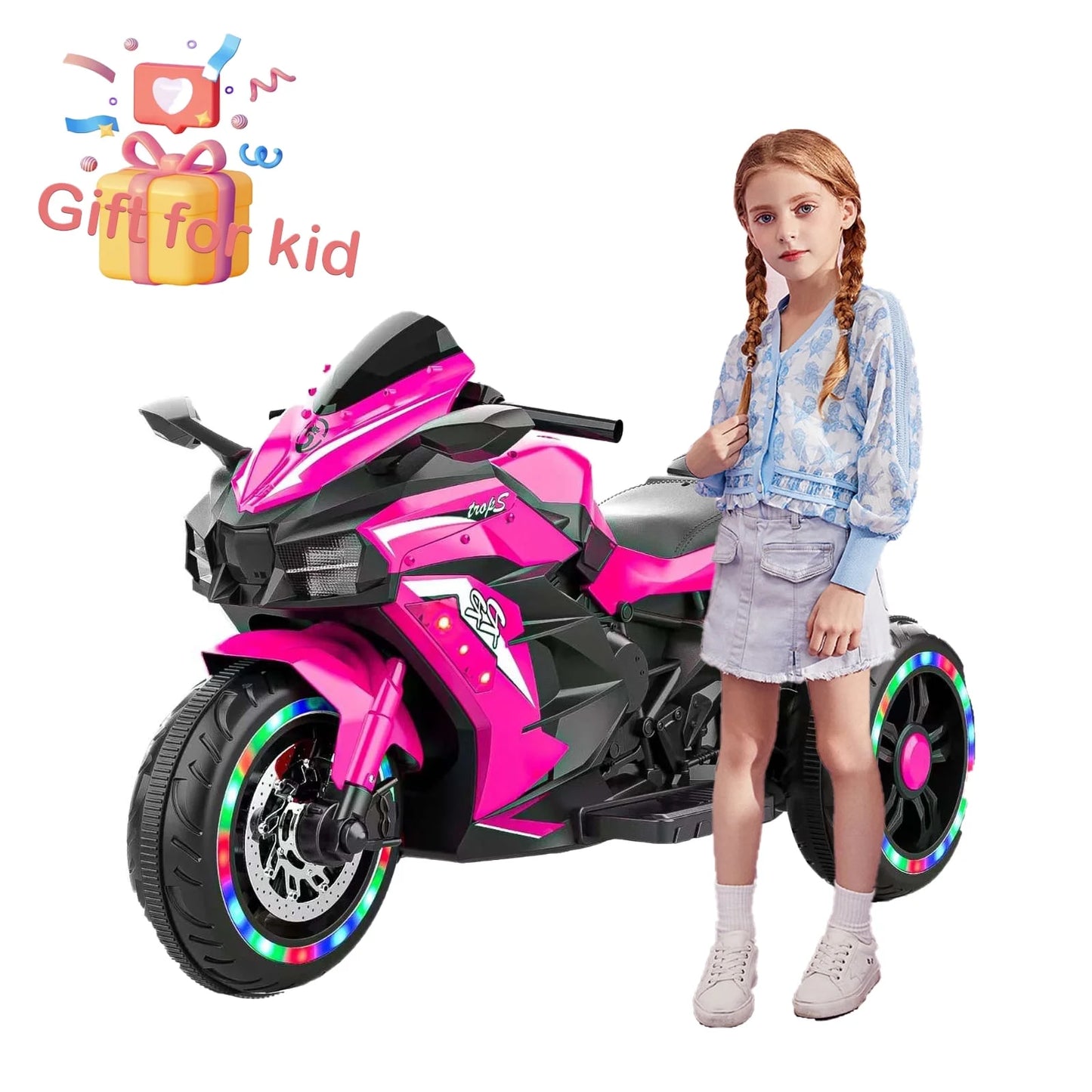 YOMYM 12V Ride on Motorcycle for Kids, Battery Powered 3 Wheels Motorcycle Toy with Bluetooth, Music, Light-pink