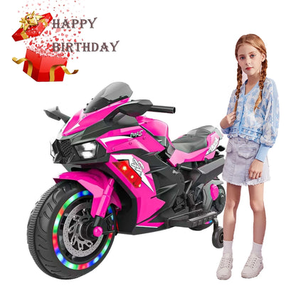 YOMYM 12V Ride on Motorcycle for Kids, Battery Powered 2 Wheels Motorcycle Toy with Bluetooth, Music, Light-