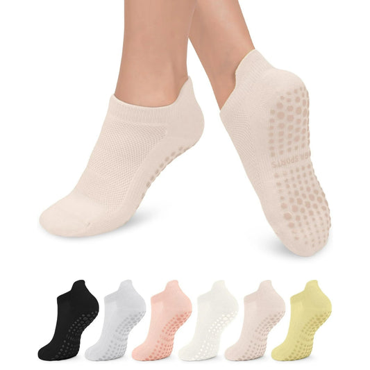YOMYM 6 Pairs Pilates Socks with Grips for Yoga, Barefoot, Ballet, Barre, Hospital Non Slip Anti Skid Socks for Women and Men