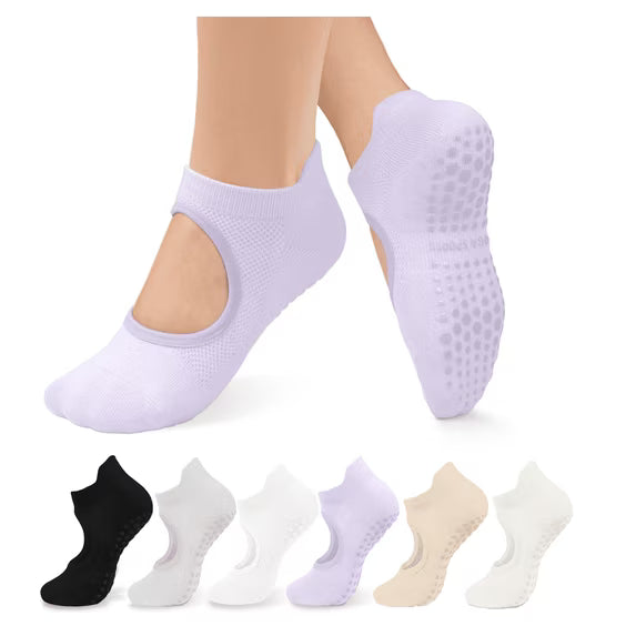 YOMYM Pilates Socks for Women Non Slip Grip Socks for Yoga, Barre, Hospital, Barefoot Grippy Yoga Sock 6 Pairs