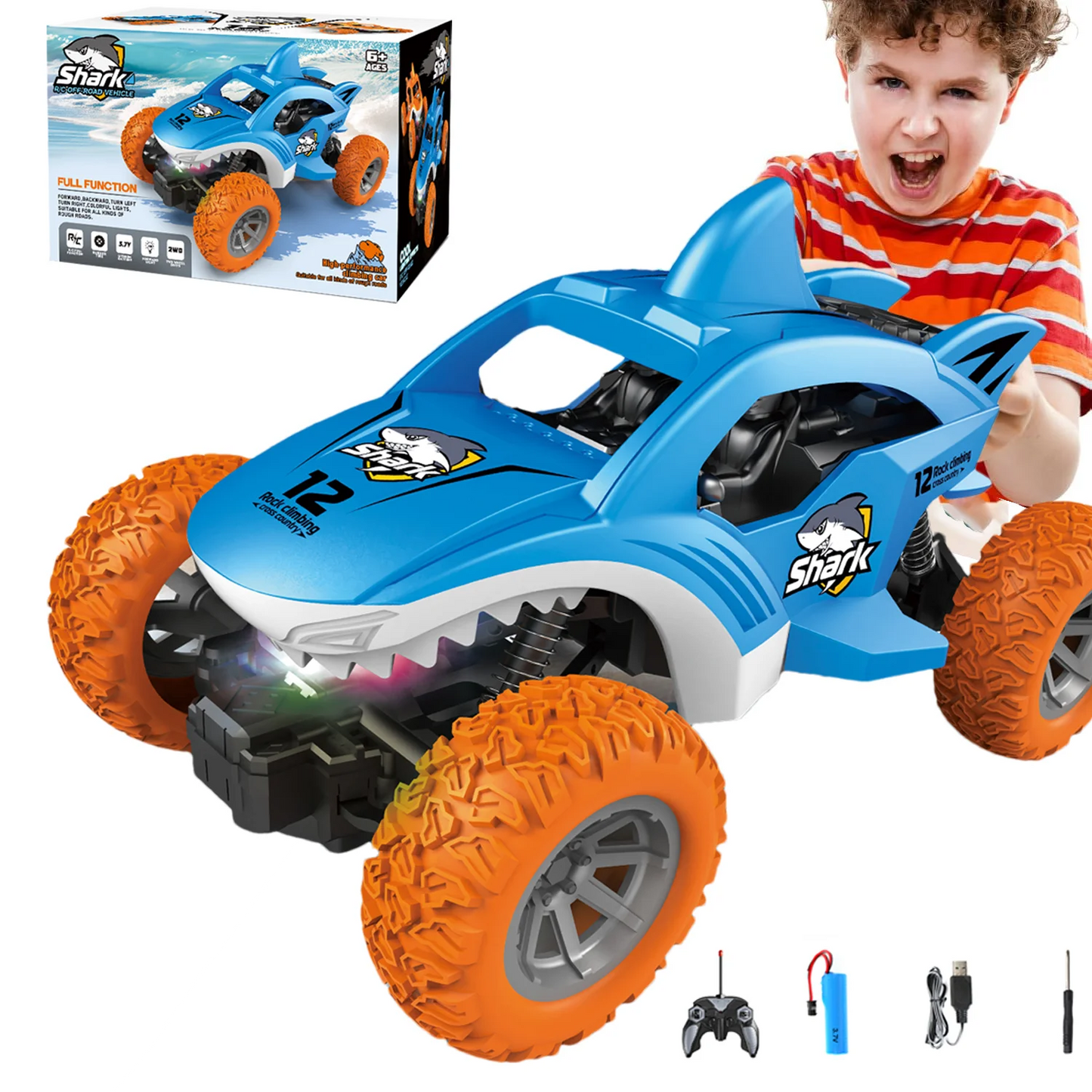 YOMYM Remote Control Car 2.4 GHz All Terrain Monster Truck RC Cars Toys for Kids Ages 6-12 Shark Toy (Blue)
