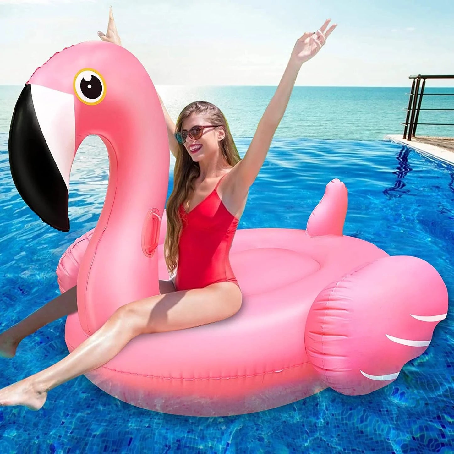 YOMYM Giant Inflatable Flamingo Ride on Pool Float, Blow up with Fast Valves Swimming Floating Raft for Adults Pink